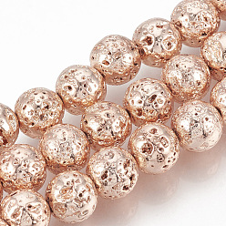 Rose Gold Plated Electroplated Natural Lava Rock Beads Strands, Round, Bumpy, Rose Gold Plated, 12~13mm, Hole: 1mm, about 31pcs/strand, 15.7 inch