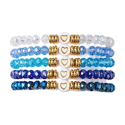 Deep Sky Blue 5Pcs Glass & Brass & Acrylic Beaded Stretch Bracelets Set, Heart Stackable Bracelets, Deep Sky Blue, Inner Diameter: 2-1/8 inch(5.4cm)