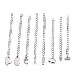 Stainless Steel Color 304 Stainless Steel Chain Extender, Curb Chain, with 202 Stainless Steel Charms, Mixed Shapes, Stainless Steel Color, 57~71mm, Link: 3.7x3x0.5mm, Charms: 5~12.5x2.5~8.5x0.5~3mm