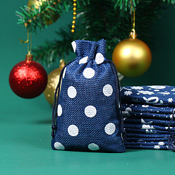 Marine Blue Christmas Theme Linenette Drawstring Bags, Rectangle with Polka Dot Pattern, Marine Blue, 14x10cm
