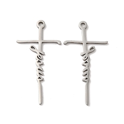 Stainless Steel Color Non-Tarnish 304 Stainless Steel Pendants, Cross with Word Jesus Charm, Stainless Steel Color, 39.5x20x1.5mm, Hole: 2mm