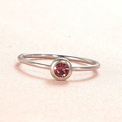 Cerise Glass Flat Round Finger Ring, Stainless Steel Color Stainless Steel Ring, Cerise, Inner Diameter: 18.2mm