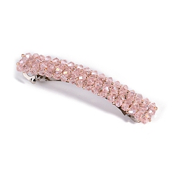 Pink Glass Beaded Hair Barrettes, Curved Retangle Metal Hair Clips, Pink, 90mm