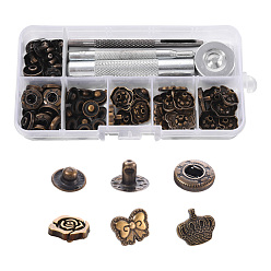 Antique Bronze 18 Sets Crown & Bowknot & Rose Flower Brass Leather Snap Buttons Fastener Kits, Including 1 Set 45# Steel Hole Punch Tool, 1Pc 45# Steel Round Base, Antique Bronze, Buttons: 18sets