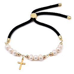 Black Adjustable Nylon Cord Slider Bracelets, Bolo Bracelets, with Natural Pearl Beads, 304 Stainless Steel Cross Charms and Brass Beads, Black, Inner Diameter: 1-5/8~3-7/8 inch(4~10cm)