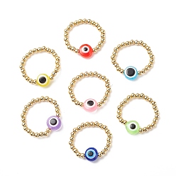Mixed Color 7Pcs 7 Color Resin Evil Eye & 304 Stainless Steel Beaded Stretch Finger Rings, Stackable Adjsutable Rings for Women, Mixed Color, US Size 6(16.5mm), 1Pc/color