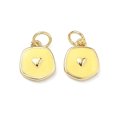 Желтый Латунь эмаль подвески, самородки с подвесками в виде сердечек, долговечный, стойки покрытие, без свинца и без кадмия, реальный 18 k позолоченный, желтые, 11x9x2 мм, отверстие : 3 мм, Перейти кольцо: 5x1 мм
