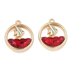 Красный Сплав стекла подвески, плоская круглая форма с подвесками в виде парусников, стойки покрытие, без кадмия, без никеля и без свинца, золотые, красные, 18x15.5~16x4~4.5 мм, отверстие : 1.2~1.4 мм