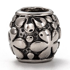 Argent Antique 304 acier inoxydable perles européennes, Perles avec un grand trou   , canon avec des fleurs, argent antique, 11.5x11.5mm, Trou: 6mm