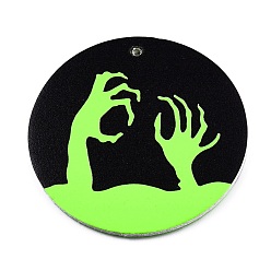 Hand Heart Halloween Theme Imitation Leather Pendants, Flat Round, Lime, Hand Heart, 45x2mm, Hole: 1.6mm
