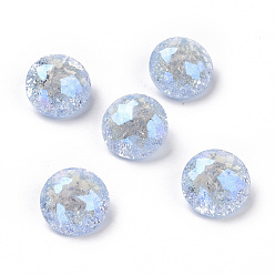 Light Sapphire Crackle Moonlight Style Glass Rhinestone Cabochons, Pointed Back, Flat Round, Light Sapphire, 10x5.6mm