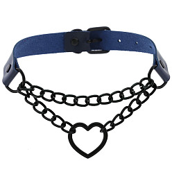 Deep blue (spades) Fashionable Heart-shaped Black Chain Collar Necklace with Lock, PU Leather Material