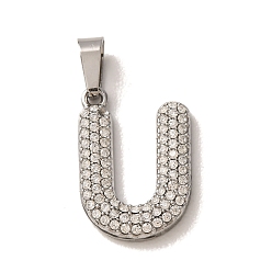Letter U 304 Stainless Steel Micro Pave Clear Cubic Zirconia Pendants, Letter Charms, Stainless Steel Color, Letter U, 18x12x2.5mm, Hole: 6x2.5mm