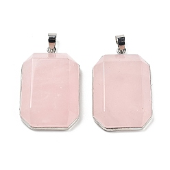 Розовый Кварц Природного розового кварца подвески, граненые прямоугольные подвески, с реечной обшивкой латунными выводами, платина, 34x23x8 мм, отверстие : 4.5x6 мм