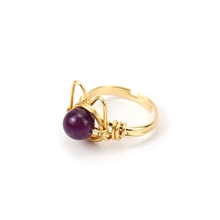 Amethyst Natural Amethyst Adjustable Ring, Cat Shape Golden Brass Wire Wraped Ring, Wide: 8mm