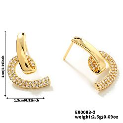 Золотой Модные изысканные серьги-гвоздики из латуни с микропаве из прозрачных кубических цирконий, универсальный и элегантный, золотые, 20x13 мм