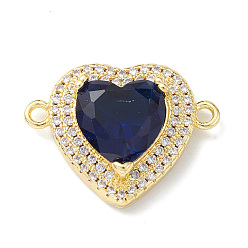 Midnight Blue Rack Plating Brass Pave Cubic Zirconia Connector Charms, Heart Links, Lead Free & Cadmium Free, Long-Lasting Plated, Real 18K Gold Plated, Midnight Blue, 16x22x7mm, Hole: 1.6mm