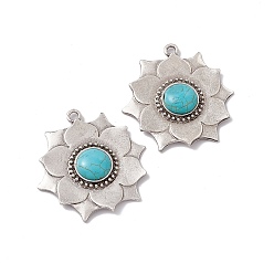 Antique Silver Synthetic Turquoise Pendants, Flower Charms, with Rack Plating Alloy Findings, Antique Silver, 49x47x7mm, Hole: 3mm