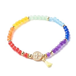 Colorful Reiki 7 Chakra Natural Mixed Stone Round Beads Stretch Bracelet for Girl Women, Flat Round with Cross and Tassel Charm Bracelet, Colorful, Inner Diameter: 2-1/8 inch(5.5cm)
