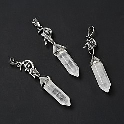 Quartz Crystal Natural Quartz Crystal Double Terminated Pointed Big Pendants, with Platinum Tone Brass Findings, Cadmium Free & Lead Free, Moon with Fairy & Bullet, Faceted, 62~66mm