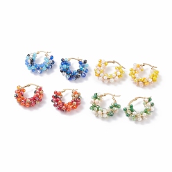 Mixed Color Glass Beaded Braided Hoop Earrings, 304 Stainless Steel Wire Wrap Jewelry for Women, Mixed Color, 29x30~31x9.5~10mm, Pin: 1mm
