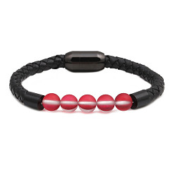 4# Stylish Leather Bracelet with Stainless Steel Magnetic Clasp and Moonstone Beads for Women