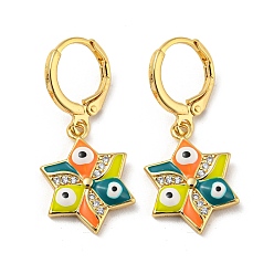 Yellow Real 18K Gold Plated Brass Dangle Leverback Earrings, with Enamel and Cubic Zirconia, Evil Eye, Yellow, 30.5x13mm