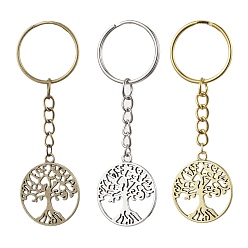 Mixed Color 3Pcs 3 Colors Tibetan Style Alloy Keychains, with Iron Split Key Rings, Flat Round with Tree of Life, Mixed Color, 8cm, Pendant: 29x25x1.5mm, 1pc/color