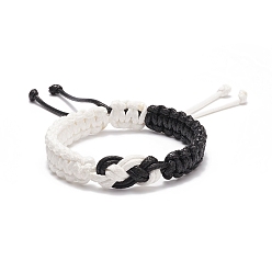 Black Waxed Polyester Braided Cord Bracelet, Adjustable Bracelet for Men Women, Black and White, Inner Diameter: 2-3/8~3-1/2 inch(6~9.5cm)