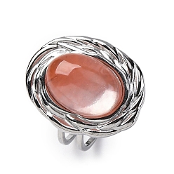 Вишневый Кварц Овальные кольца из вишневого кварцевого стекла, 304 из нержавеющей стали Манжета кольца для женщин, цвет нержавеющей стали, овальный : 22x17.5 mm, регулируемый