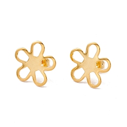 Real 24K Gold Plated 201 Stainless Steel Stud Earring Findings, with Ear Nuts and 304 Stainless Steel Pins, Flower, Real 24K Gold Plated, 16x16.5mm, Pin: 0.7mm