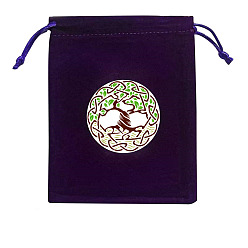 Lime Rectangle Velvet Jewelry Storage Pouches, Tree of Life Printed Drawstring Bags, Lime, 15x12cm