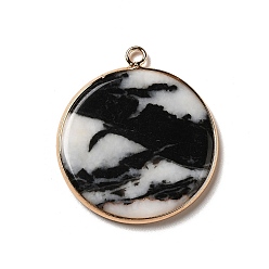Natural Agate Natural Black & White Agate Pendants, Flat Round Charms, with Golden Plated Brass Frame, 35x31x3~3.5mm, Hole: 2.5mm