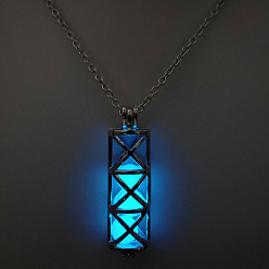 Deep Sky Blue Alloy Column Cage Pendant Necklace with Luminous Beads, Glow In The Dark Jewelry for Women Men, Deep Sky Blue, 23.62 inch(60cm)