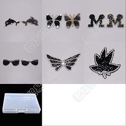 Jet Fingerinspire 6Pcs 6 Style Glitter Hotfix Rhinestone, Iron on Patches, Dress Shoes Garment Decoration, Dolphin & Butterfly & Letter M & Glasses & Butterfly & Maple Leaf, Jet, 45~75x60~108x2.5~4mm, 1pc/style