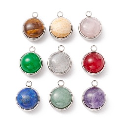 Mixed Stone Natural Mixed Stone Pendants, with 304 Stainless Steel Findings, Half Round, Stainless Steel Color, 18x14x10.5mm, Hole: 2.5mm