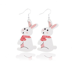 White Imitation Leather Rabbit Dangle Earrings, Easter Theme Jewelry for Women, White, 70x35mm