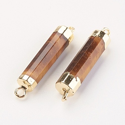 Tiger Eye Natural Gemstone Links connectors, with Brass Findings, Column, 25~27x5~6mm, Hole: 2mm