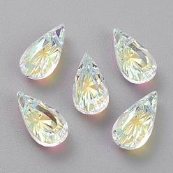 Crystal AB Embossed Glass Rhinestone Pendants, Teardrop, Faceted, Crystal AB, 14x7x4mm, Hole: 1.2mm