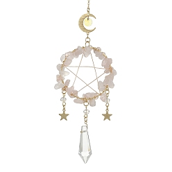 Rose Quartz Wire Wrapped Natural Rose Quartz Chips & Brass Ring Pendant Decoration, with Glass Cone Charm, for Home Hanging Decoration, Moon & Star, 310~312mm, Hole: 8mm