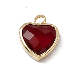 Fuchsia Heart K9 Glass Charms, Faceted, with Light Gold Tone Brass Edge, Fuchsia, 13.5x10.5x4.5mm, Hole: 2.2mm