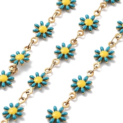 Deep Sky Blue 304 Stainless Steel Handmade Beaded Chain, with Enamel, with Spool, Soldered, Real 18K Gold Plated, Flower, Deep Sky Blue, 13x7.5x2mm, about 16.40 Feet(5m)/Roll