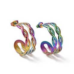 Rainbow Color Ion Plating(IP) 304 Stainless Steel Double Layer C-shape Stud Earrings, Half Hoop Earrings for Women, Rainbow Color, 24x10mm, Pin: 0.7mm