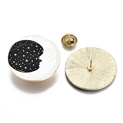 Black Alloy Brooches, Enamel Pin, with Brass Butterfly Clutches, Flat Round with Moon, Light Gold, Black, 35x2mm, Pin: 1mm