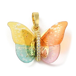 Colorful Brass Pendants, with Cubic Zirconia, Film, Long-Lasting Plated, Lead Free & Cadmium Free, Real 18K Gold Plated, Butterfly, Colorful, 16~17x23~14x6mm, Hole: 6x3.5mm