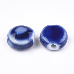 Blue Handmade Porcelain Beads, Fancy Antique Glazed Porcelain, Flat Round, Blue, 10~11x10.5~11x5~5.5mm, Hole: 1.5~2mm