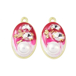 Red Rack Plating Alloy Enamel Pendants, with Resin, ABS Imitation Pearl Beads, Rhinestone and Glass Beads, Cadmium Free & Nickel Free & Lead Free, Oval, Red, 34x20x9mm, Hole: 2.5mm