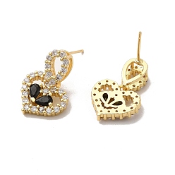 Black Cubic Zirconia Heart Stud Earrings, Rack Plating Real 18K Gold Plated Brass Jewelry for Women, Cadmium Free & Lead Free, Black, 13x14.5mm, Pin: 1mm