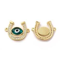 Teal Rack Plating Real 18K Gold Plated Brass Micro Pave Clear Cubic Zirconia Connector Charms, Horseshoe Links, with Handmade Evil Eye Lampwork, Cadmium Free & Lead Free, Long-Lasting, Teal, 18.5x23x4mm, Hole: 1.5mm