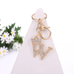 Letter W Crystal Rhinestone Initial Letter with Crown Pendant Keychains, with Light Gold Alloy Findings, Letter.W, 10~10.5cm, alphabet: 40~46x20~45mm
